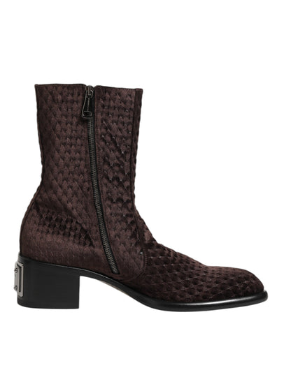 Dolce & Gabbana Braun Baumwolle Samt Mid Calf Kurze Stiefel Schuhe