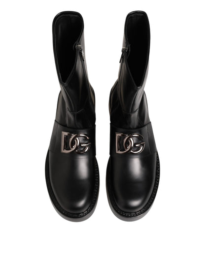 Dolce & Gabbana Schwarze Logo-Plakette Mid Calf Biker Boots Schuhe