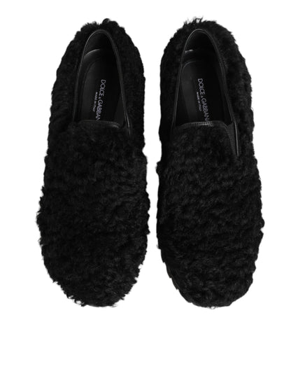 Dolce & Gabbana Kleid Schwarz Pelz Leder Hausschuhe Männer Schuhe