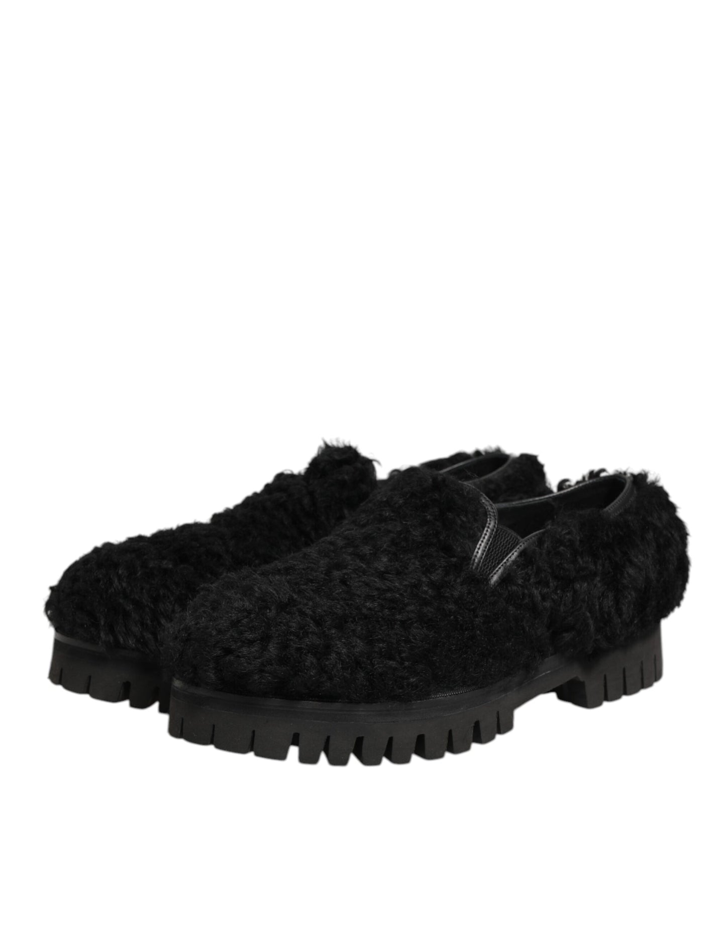 Dolce & Gabbana Kleid Schwarz Pelz Leder Hausschuhe Männer Schuhe