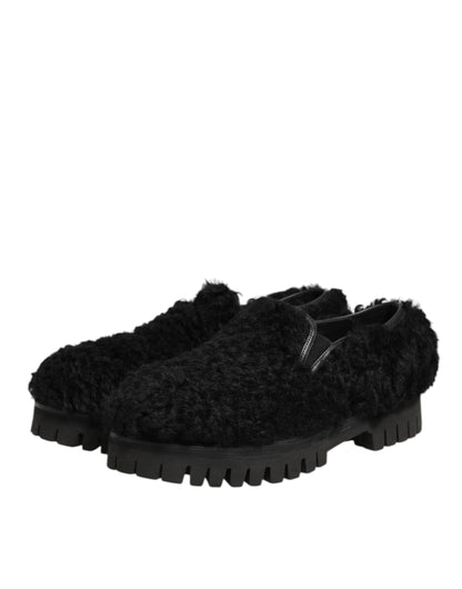 Dolce & Gabbana Kleid Schwarz Pelz Leder Hausschuhe Männer Schuhe