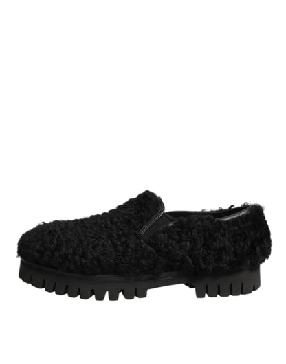 Dolce & Gabbana Kleid Schwarz Pelz Leder Hausschuhe Männer Schuhe