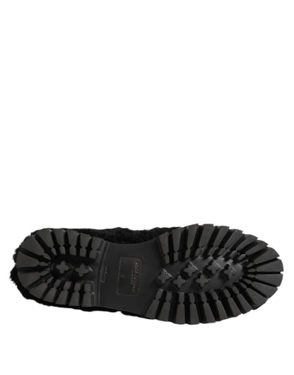 Dolce & Gabbana Kleid Schwarz Pelz Leder Hausschuhe Männer Schuhe