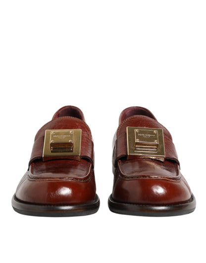 Dolce & Gabbana Braun Leder Logo Slip On Männer Kleid Schuhe