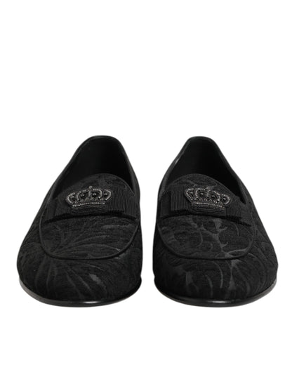 Dolce & Gabbana Schwarz Brokat Krone Loafers Kleid Schuhe