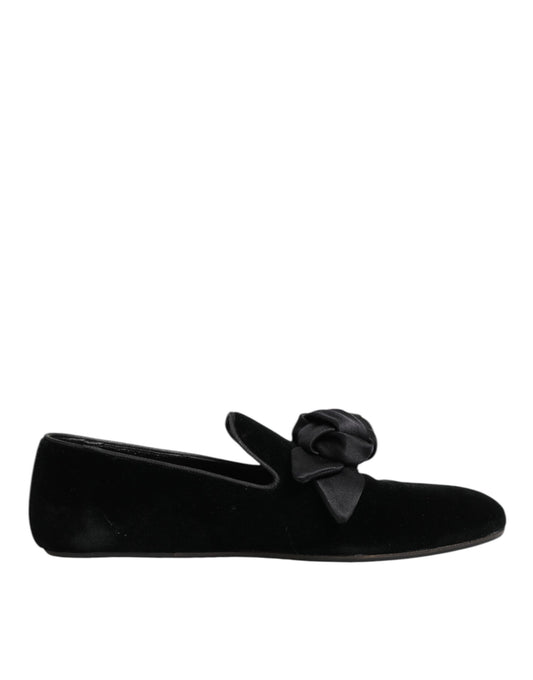 Dolce & Gabbana Schwarz Wildleder Baumwolle Rose Slip On Loafers Schuhe