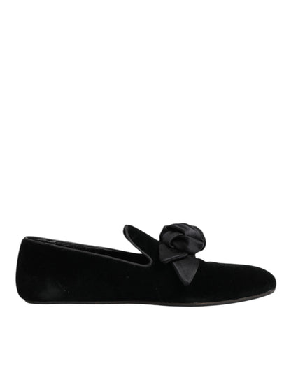 Dolce & Gabbana Schwarz Wildleder Baumwolle Rose Slip On Loafers Schuhe