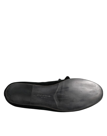 Dolce & Gabbana Schwarz Wildleder Baumwolle Rose Slip On Loafers Schuhe