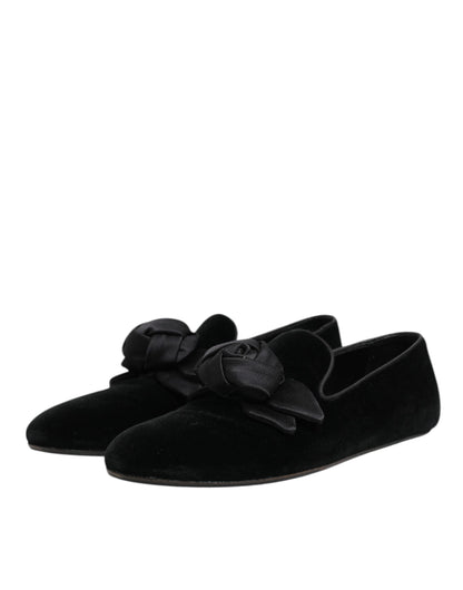 Dolce & Gabbana Schwarz Wildleder Baumwolle Rose Slip On Loafers Schuhe