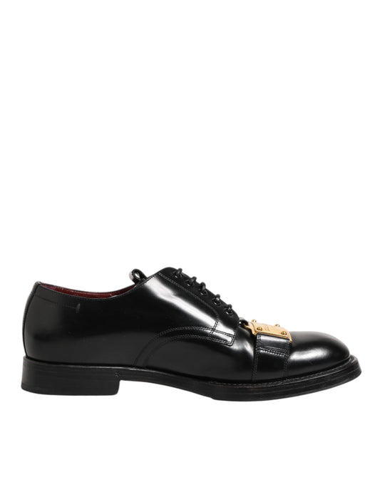 Dolce & Gabbana Schwarzes Leder Kleid Lace Up Logo Plaque Schuhe