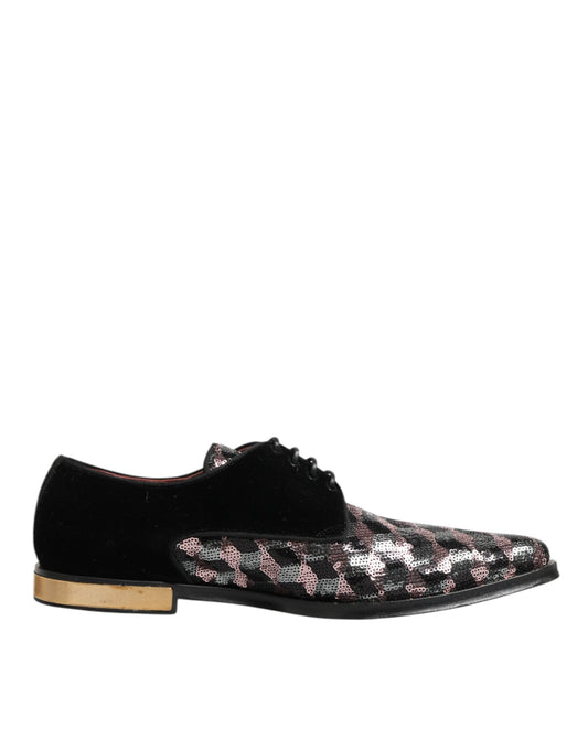Dolce & Gabbana Schwarzer Samt Multicolor Pailletten Derby Männer Schuhe