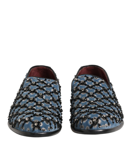 Dolce & Gabbana Blauer Samt Crystal Detailing Loafer Männer Schuhe