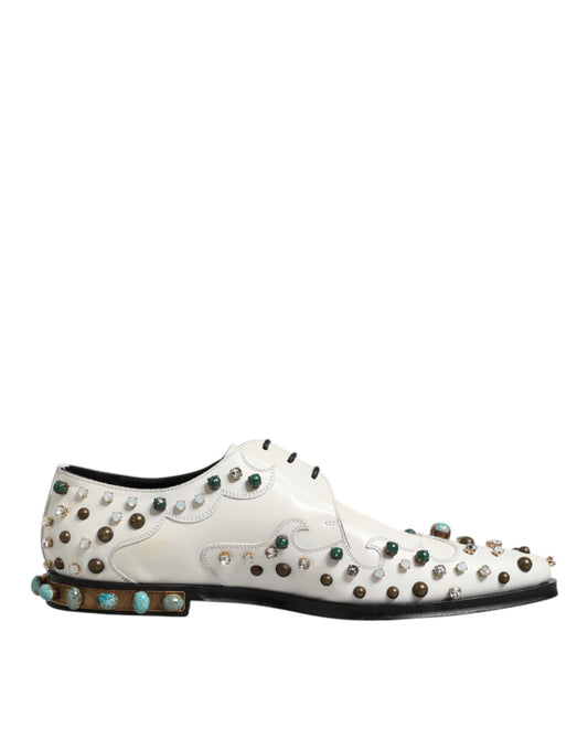 Dolce & Gabbana Weiße, mit Kristallen verzierte Derby-Schuhe aus Leder