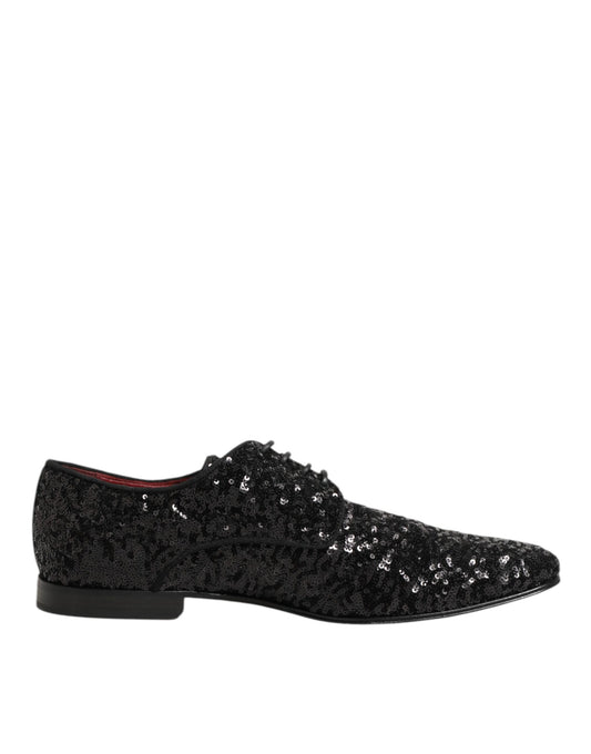 Dolce & Gabbana Schwarze paillettenbesetzte Schnürschuhe für Männer Derby Schuhe