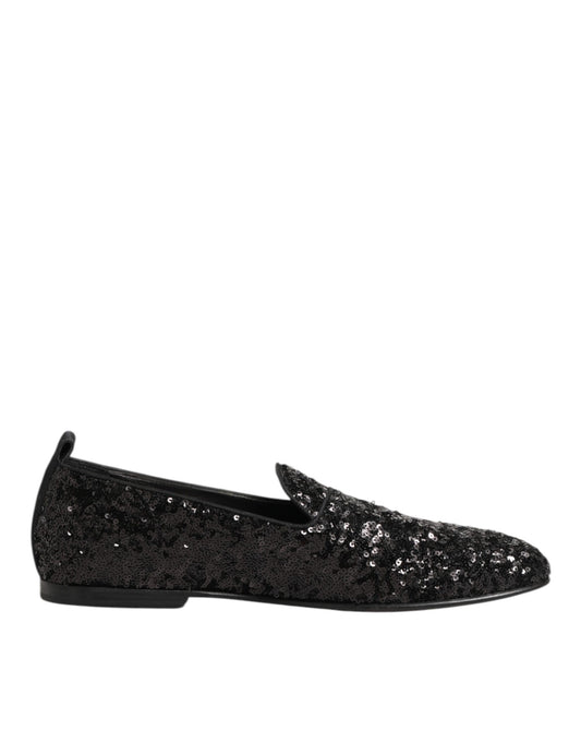 Dolce & Gabbana Schwarz Pailletten Slip On Loafers Kleid Schuhe