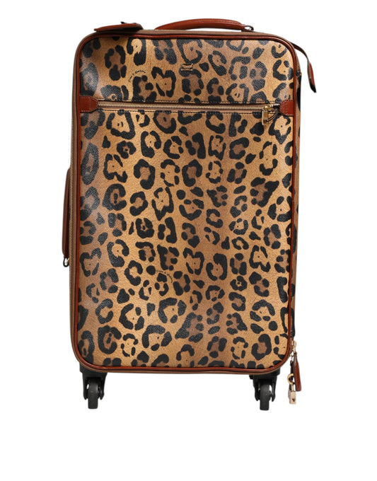 Dolce & Gabbana Brauner Leoparden Print Leder Trolley Reise Rad Koffer Tasche