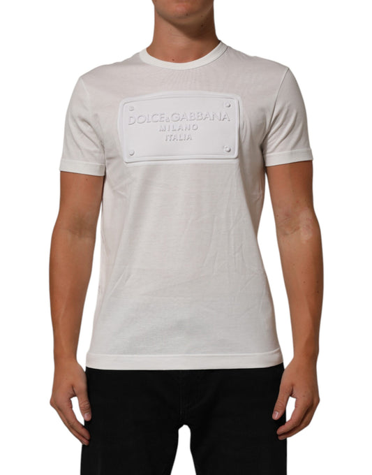 Dolce & Gabbana Weißes Logo Patch Baumwolle Rundhalsausschnitt Männer T-Shirt
