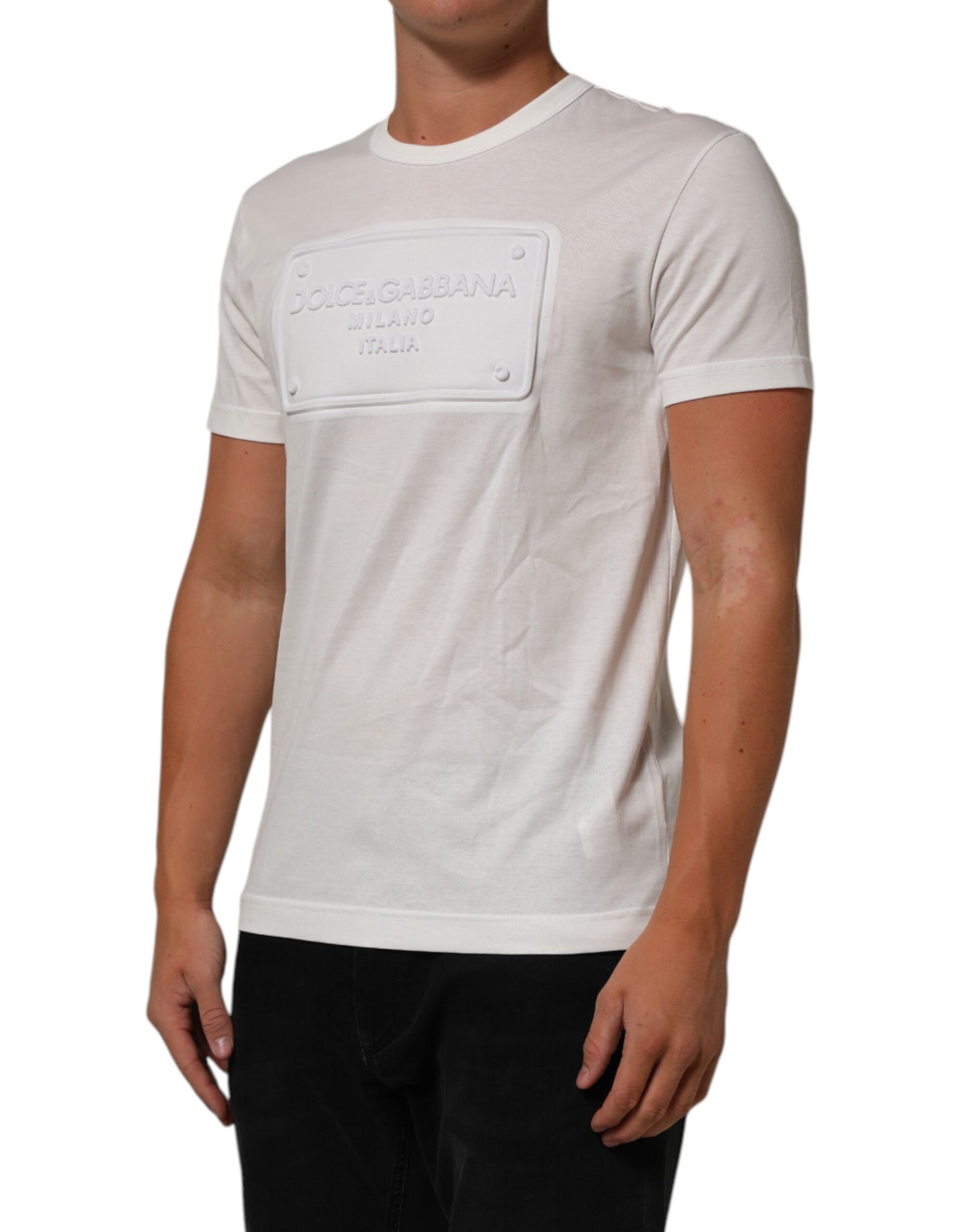 Dolce & Gabbana Weißes Logo Patch Baumwolle Rundhalsausschnitt Männer T-Shirt