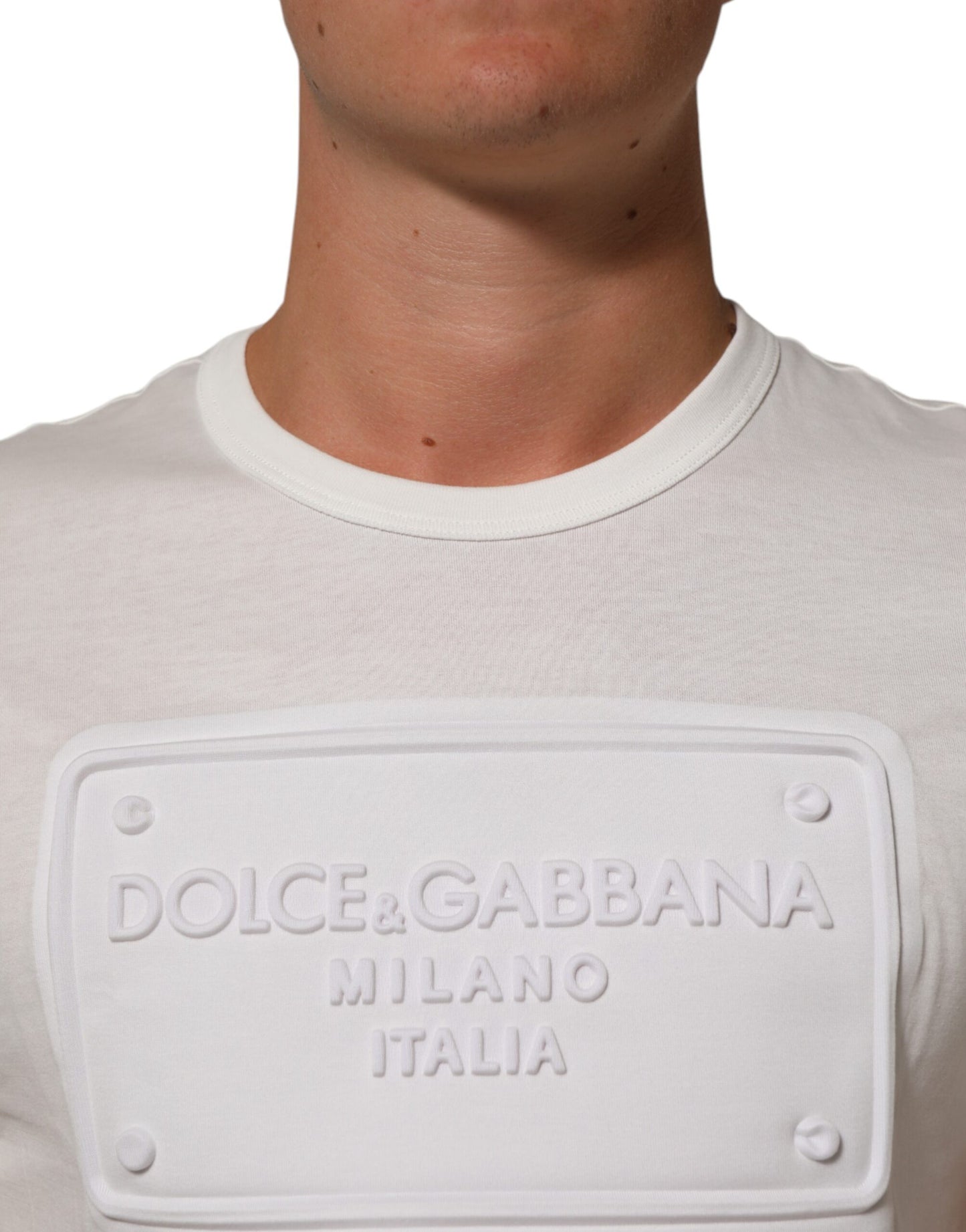 Dolce & Gabbana Weißes Logo Patch Baumwolle Rundhalsausschnitt Männer T-Shirt