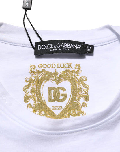 Dolce & Gabbana Weißes Baumwoll-Goodluck-2023-T-Shirt mit Rundhalsausschnitt