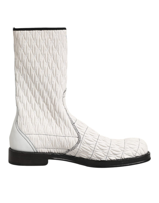 Dolce & Gabbana Weiße Lammfell Leder Mid Calf Stiefel Schuhe